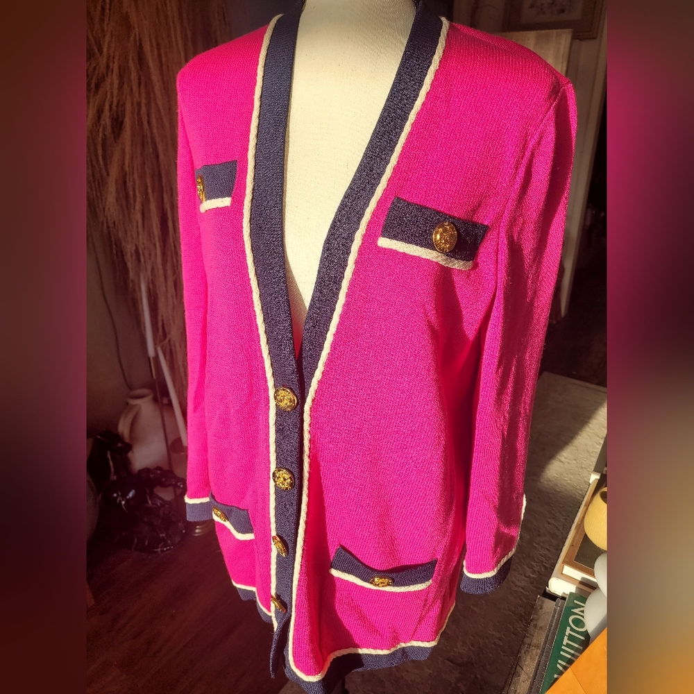 St. John Pink Cardigan with Gold Button and Navy Trim